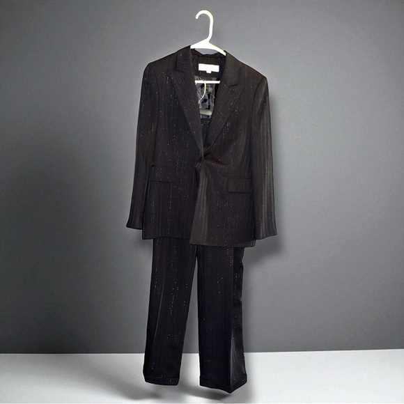 Elegant Tahari ASL Size 12 Petite Black Silver Lurex Pinstripes Dressy Pantsuit - Picture 10 of 16